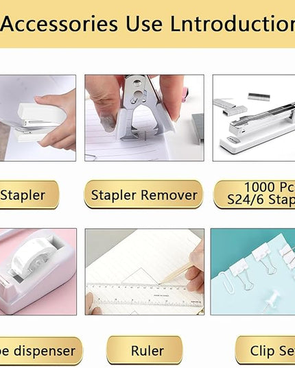 suniya Office Supplies,Desk Accessories,Tape Holder,Stapler,Scissor,Staple Remover,Box of Binder Clips,Staples,Ballpoint Pen,Sticky Notes,Clear Tape,Ruler,Office Supplies Set(White)