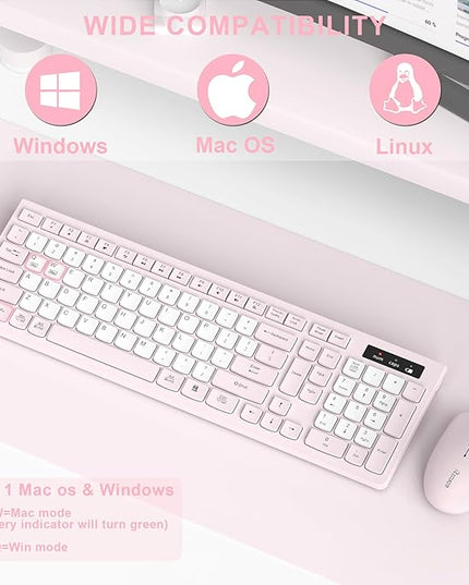 Wireless Keyboard and Mouse Combo, Full-Sized Quiet Wireless Keyboard and Adjustable DPI Mouse, 2.4GHz USB Receiver, Keyboard and Mouse for PC, Windows, Desktop, Laptop (Pink and White-B)
