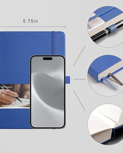 EMSHOI A5 Dotted Journal - 256 Pages with 120gsm Thick Dot Grid Paper, Hardcover Leather Dotted Notebook, 16 Perforated Pages, Pen Loop & Inner Pocket, for Bullet Journaling, 5.75” x 8.38”, Blue