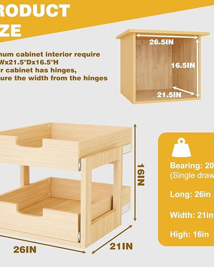 Pull Out Cabinet Organizer, 26''W×21''D×16''H Soft Close Slide Out Wooden Pull out Drawers, Double Tier Slide out Wood Cabinet Organizer, for Base Cabinet Organization in Kitchen, Pantry, Bathroom