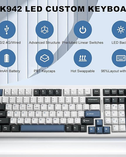 Wireless Mechanical Keyboard BT5.0/2.4GHz/USB, Multi-Color LED with 18+ Modes, Hot-Swappable Custom Keyboard, Red Creamy Switches, Gaming Keyboard for PC/Mac (Blue White)