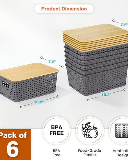 Plastic Storage Baskets With Bamboo Lid - Plastic Storage Containers Stackable Storage bins: Storage Baskets for Organizing Shelves Drawers Desktop Closet Playroom Classroom Office, 6 Pack, Gray