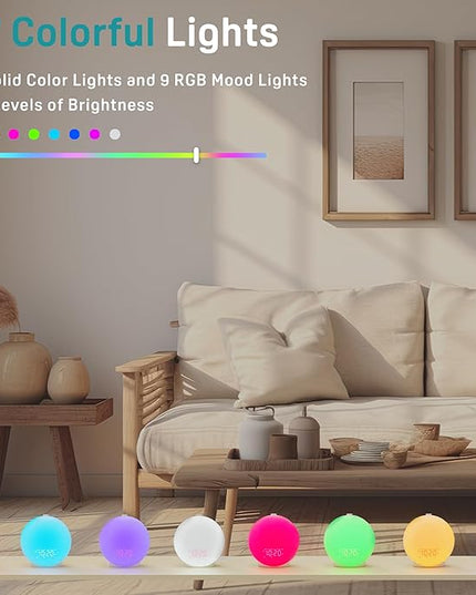 JALL Wake Up Light Sunrise Alarm Clock for Kids, Heavy Sleepers, Bedroom, White Noise Sound Machine with 17 Nihgt Lights, 25 Soothing Sounds, Bluetooth Speaker, Dual Alarms, FM Radio, Wood Grain