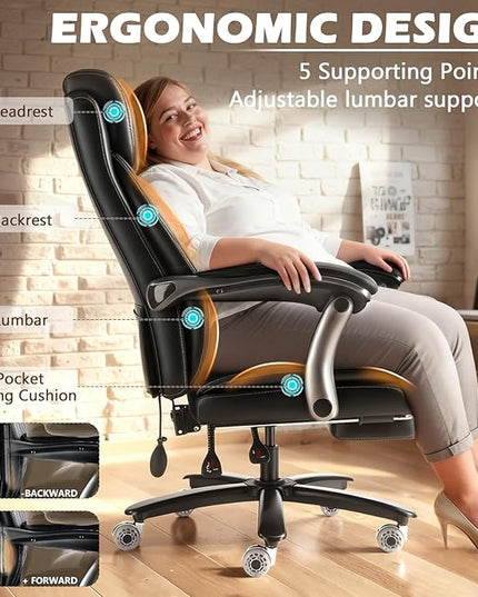 600LBS Large Heavy Duty Office Chair with Foot Rest,Reclining Big and Tall Office Chair with Pocket Spring Cushion, Comfy High Back with Adjustable Lumbar Support,Dual Rubber Wheel