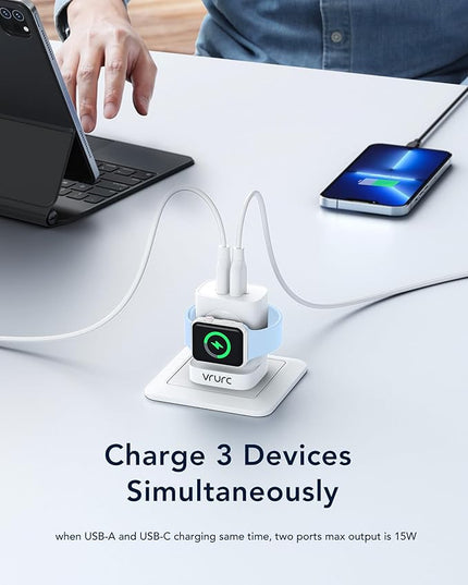 VRURC Charger for iPhone & Apple Watch, 20W USB C Fast Charging Block, 3-in-1 Compact Travel Adapter with 2 Port for iPhone 17/16/15/14/13, Wireless Magnetic for iWatch SE/11/10/9/8/7/6/5/4-White