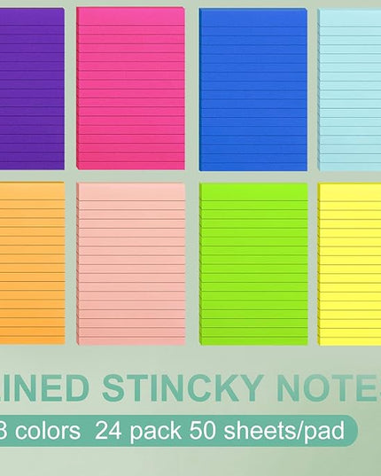 24 Pack Lined Sticky Notes 4X6 in Self Sticky Note Pads Colorful Post Stickies for Office, Home, School, Meeting, 50 Sheets/pad, (Bright Color)