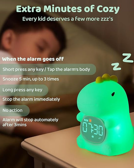 Dinosaurs Alarm Clock with Night Light for Kids with Sleep Training and Sound Machine, Rechargeable Silicone Lamp OK to Wake Clock，Cute Animal Tabletop Lamp, Perfect Sleep Companion for Boys Girls