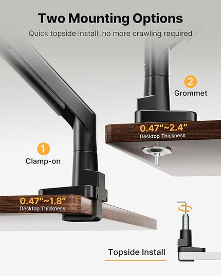 monTEK Sleek Aluminum Monitor Arm for 17–57” Ultrawide Screens up to 59.4 lbs, USB 3.0 A/C, Heavy Duty Single Monitor Arm Desk Mount, Pneumatic Lift, Quick-Release Plate, Clamp/Grommet, VESA 100x100