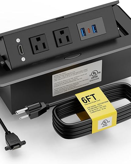 Recessed Power Strip, HDMI Pop Up Power Cover Box Desktop Socket with PD 20W USB C Charging Ports, Stainless Steel Receptacle Outlet for Conference Room Countertop (Black)