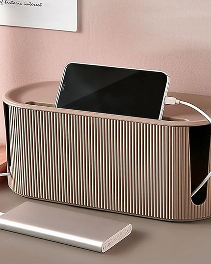 Cable Management Box,Desk Cord Organizer with Groove Cover,Plastic Cord Hider Box,Large Cable Box Organizer,Power Socket Management for TV/Computer/Router/Games Console Cable Storage (Milk Tea)