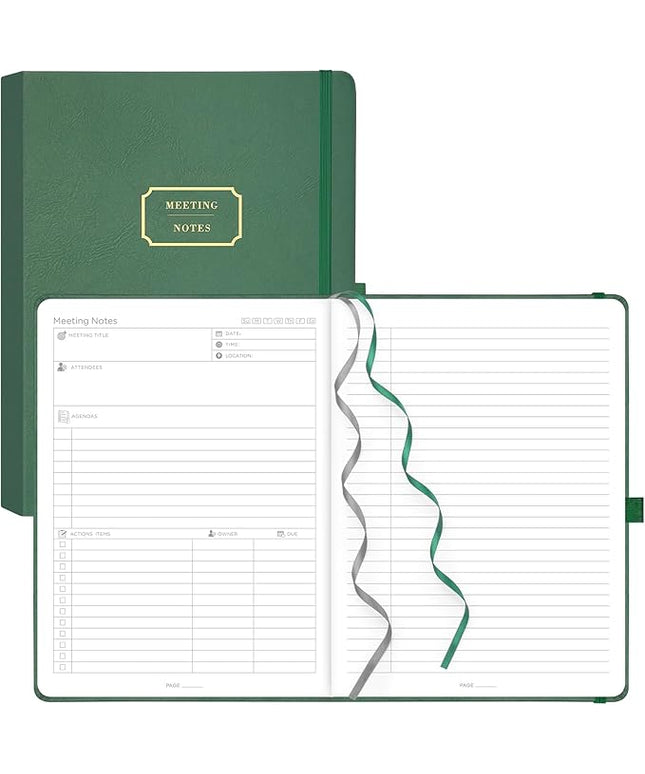 EMSHOI Meeting Notebook for Work with Action Items - 320 Pages B5 Thick Project Planner Agenda Organizer Work Notebook for Women Men Office Business, PU Leather Hardcover, 7.5" x 10", Dark Green