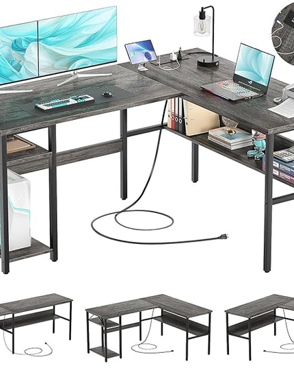 Reversible L Shaped Gaming Desk with Power Outlets and USB Charging Ports, Sturdy Computer Desk with Storage Shelf, Modern Corner Desk Home Office Table, Easy to Assemble, Gray Oak