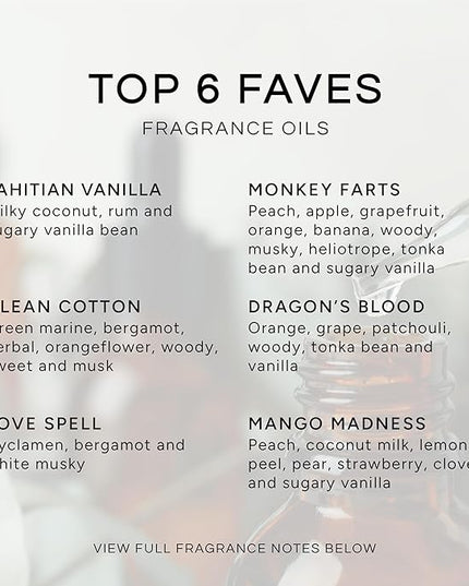 Top 6 Faves - Gift Set of 6 Premium Fragrance Oils - Love Spell, Tahitian Vanilla, Clean Cotton, Mango, Dragon's Blood and Monkey Farts - 10ML