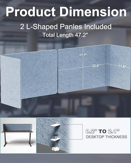 Desk Privacy Panel,2PCS L-Shaped Clamp-On Office Desk Divider,2-in-1 Adjustable Acoustic Desktop Partition Or Under Desk Modesty Screen,for Office,Home,Felt(Blue, 47.2" x 17.7")