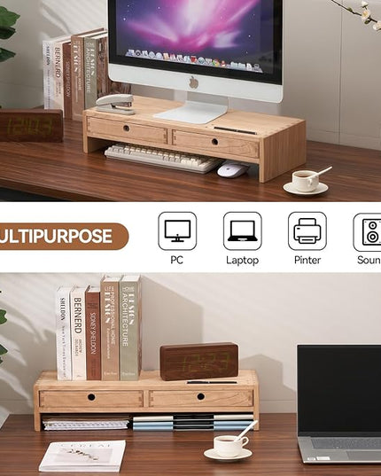 KIRIGEN Wood Monitor Stand with 2 Drawers - Computer Arm Riser Desk Storage Organizer,Speaker TV Laptop Printer Stand with Pen Slot and Cable Management,2-Tier Desktop Shelf NA-2PMJ