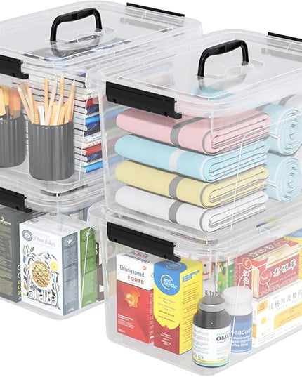 10 Liters Latch Bins with Handles, Clear Plastic Storage Boxes Containers Set of 4