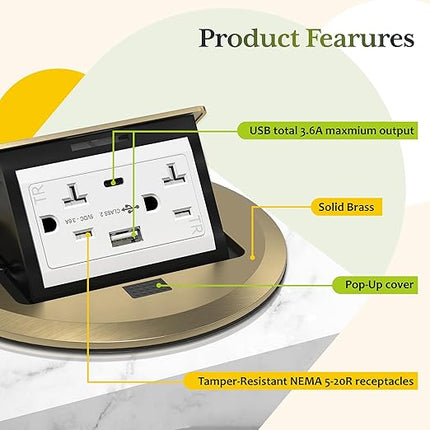 TG Round Pop-Up Floor Box Kit with USB Type A/C, 20A Tamper-Resistant Receptacle Outlet, Outlet Cover Box, USB Port Type A Type C, 36AC, Watertight Gasket and Corrosive Resistant Hardware, Brass