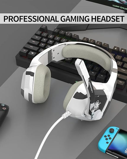 PHOINIKAS Gaming Headset for PS4, Xbox One, PC, Laptop, Mac, Nintendo Switch, 3.5MM PS4 Stereo Headset Over Ear Headphones with Noise-Cancelling Mic, Bass Surround - Camo