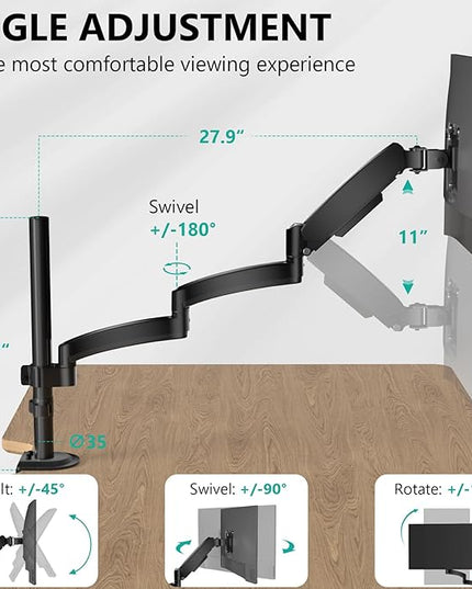 WALI Single Long Monitor Arm - 13 to 32 inch Computer Monitor Arm Desk Mount, Hold up to 19.8lbs, Extra Long Adjustable Stand, Full Motion Tall Arm, VESA 75/100mm, (GSDM001L)