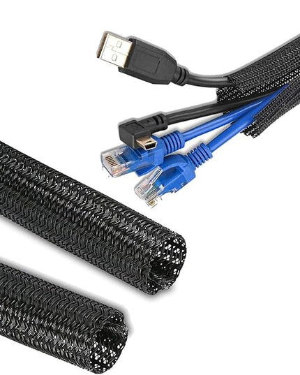 50ft - 1/2 Inch Heavy-Duty Braided Cable Sleeve, Split Wire Loom Tubing Cord Protector for USB/Power/Audio Cables - Flame Retardant, Pet Chew Proof - Black