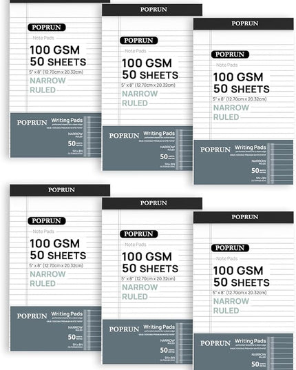POPRUN Small White Legal Pads 5 x 8 Narrow Ruled, 100GSM Writing Paper Pad, Bulk Lined Notepad Notebooks for Work School, Classroom Office Supplies, 6 Pack