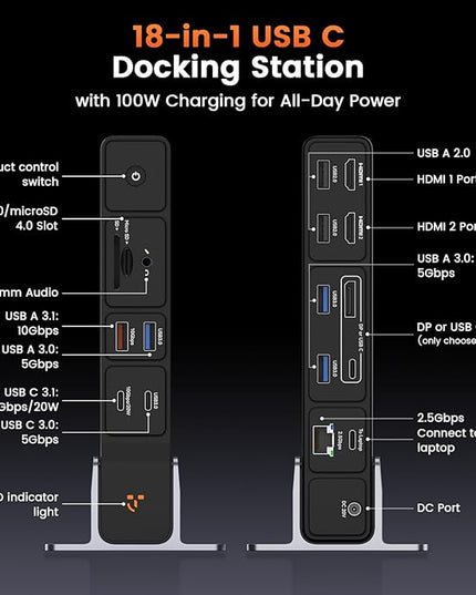 TobenONE USB C Docking Station 3 Monitors, 18-in-1 Triple 4K Display, 150W Power Adapter with 20W Fast Charging, 8 USB Ports up to 10Gbps, 2 HDMI/DP/USB C, for Windows/Chrome OS