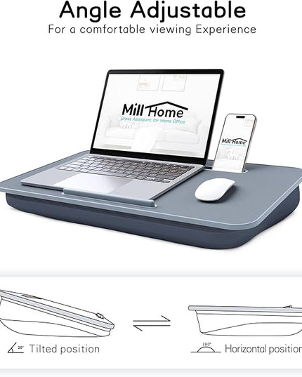 Lap Desk, Lap Desk with Cushion, Fits up to 17 inch Laptop, Pillow Designed, Portable Laptop Stand with Tray, Pad & Phone Holder, Home Office for Bed/Couch/Car/Reading/Writing, MillHome (Gray)