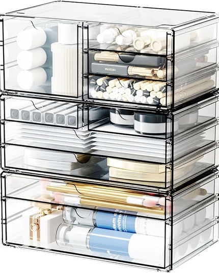 Yieach 3Pack Clear Drawer Organizers Stackable,Acrylic Storage Drawers With 10 Drawers,Multipurpose Office Supply Organizer and Makeup Organizer for Beauty,Craft,Pen,Medical,Stationary Desk Organizers