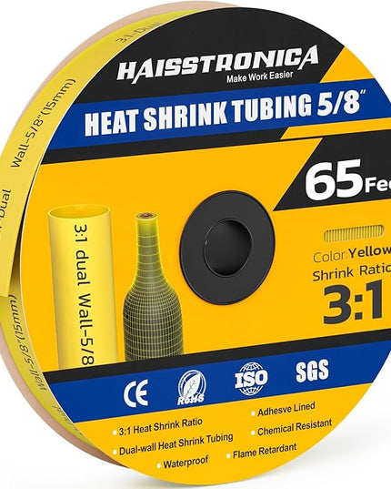 haisstronica 3:1 Heat Shrink Tubing, Shrink Ratio Adhesive Lined Marine Grade Heat Shrink Tube for Home, Automotive and Industrial (Yellow) 65FT 5/8inch