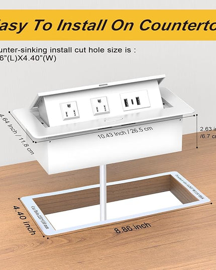 UL Listed Recessed Power Strip, Pop Up Power Cover Box Desktop Socket with USB C Charging Ports, Stainless Steel Receptacle Outlet for Conference Room Countertop (White-USB C)