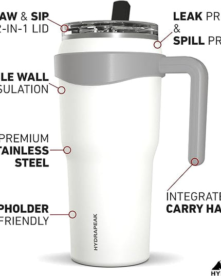Hydrapeak Roadster 40oz Stainless Steel Tumbler Double Wall Vacuum Insulated Water Bottle With Handle And 2 in 1 Straw Lid (White)