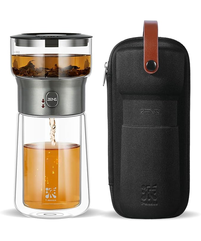 ZENS Modern Glass Tea Infuser Teapot, Smart One Touch Tea Maker for Loose Tea Diffusers with Insulated Mug and Portable Tea Kits, Cool Gongfu Tea Pot for Black Tea Lover Gifts
