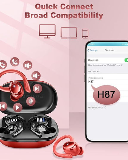 Wireless Earbuds Sport, New Bluetooth 5.4 Headphones with Earhooks, 50H Stereo Deep Bass Over Ear Buds with 4 ENC Noise Canceling Mics, IP7 Waterproof Earphones for Running Workout Gym -Red