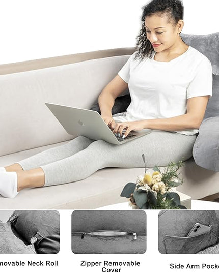 SLIGUY Reading Pillow for Sitting in Bed Couch Adult, Back Pillow with arm Support and Pockets, Adult Back Pillow Bed Chair for Bed Rest, Reading, Watching TV, Gaming for Boys and Girls Light Grey