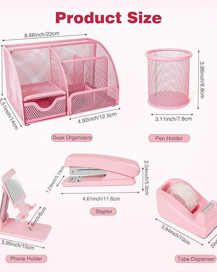 Desk Organizers and Accessories, Office Supplies 15PS Set with Stapler, Staple Remover, Pen Holder, Clips Set, Tape Dispenser, Tape, Phone Holder, 1000 Staples, Ruler, Scissors （Pink）