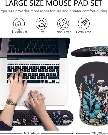 Mouse Pad Wrist Support, Laokiiy 2 in1 Keyboard Wrist Rest+ Ergonomic Mouse Pad, Non-Slip Wrist Rest for Computer Keyboard, Made Easy Typing & Relieve Wrist Pain(Flower)