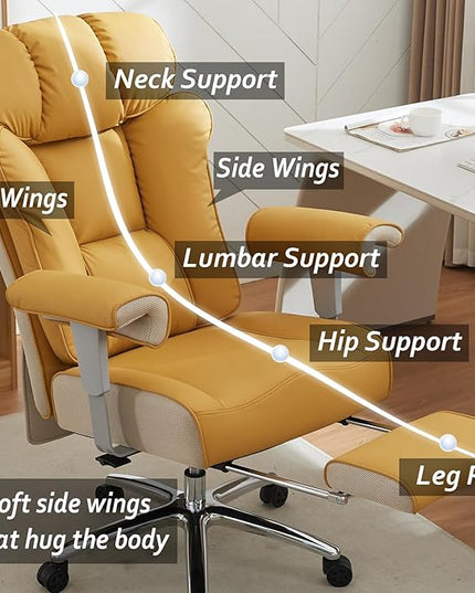 Efomao Big and Tall Green Office Chair 450LBS – Ergonomic High-Back Executive Chair with Footrest, Adjustable Padded Armrests, PU Leather Computer Chair with Lumbar Support for Home or Office, Yellow