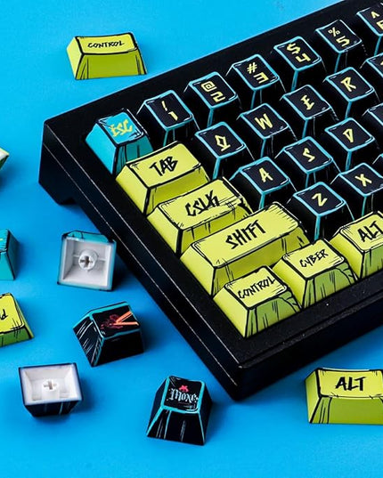 JOMKIZ PBT Keycaps - Japanese Manga Theme Keycaps Set, 131 Keys Cherry Profile Dye-Sub Custom Keycap, Cyberpunk 2077 Minimalist Style Key Caps for 60%, 65%, 75%, 100% Cherry MX Mechanical Keyboard
