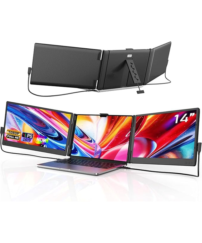 FEZOBR Laptop Screen Extender, 14'' FHD 1080P IPS Portable Monitor for Laptop, Triple Screen Extender Monitor Plug-Play for Mac/Windows/Chrome, Fit 13”-17.3” Laptops