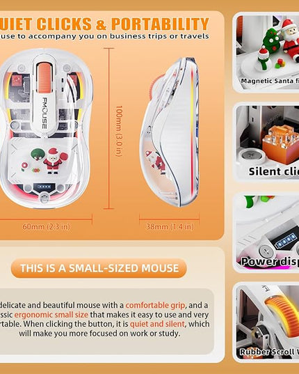 White Transparent Wireless Mouse with Cute Santa Doll, Dual Receivers (USB & Type-C), Tri-Mode Bluetooth+2.4GHz, Rechargeable Silent Portable Mice for MacBook/Laptops/PC/Office/Home