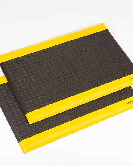 Vergo Industrial 15/16” Extra Thick Anti Fatigue Mat - Heavy Duty Commercial Grade Diamond Plate Ergonomic Standing, Non-Slip Black with Yellow Anti Fatigue Floor Mat for Work, Shop (2-Pack 2' x 3')