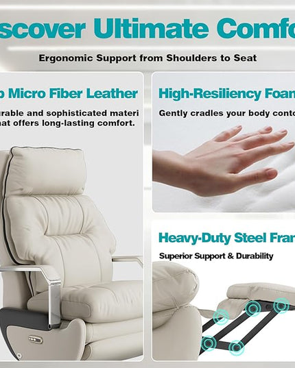 Dual Motor Executive Home Reclining Office Chair with Footrest - One-Click Electric Recline with Massage & Pillow Support Big and Tall PU Leather Ergonomic Desk Chair, High Back Wide Seat (White)