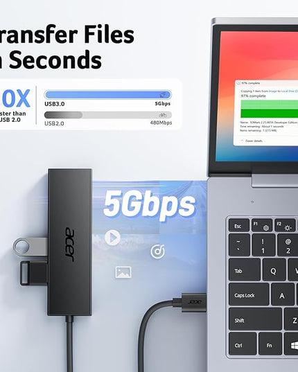 Acer USB Hub 4 Ports, Multiple USB 3.0 Hub, USBA Splitter for Laptop with Type C Power Port, Extender for A Port Laptop, PC, Desktop and More (2ft)