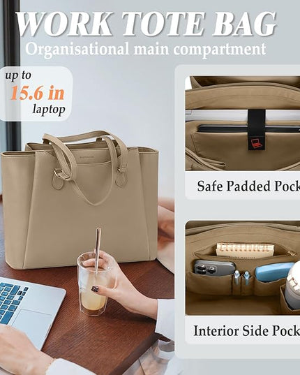 RAINSMORE Laptop Bag for Women 15.6 Inch Work Tote Bags Waterproof Computer Bags Leather Professional Laptop Purse Womens Laptop Briefcase Large Handbag for Office Teacher Travel, Beige
