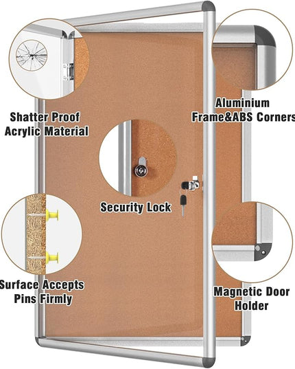 Mifuro 36"x24" Enclosed Bulletin Board, Lockable Weather-Resistant Aluminum Cork Noticeboard for School & Office, Silver Frame w/Cork