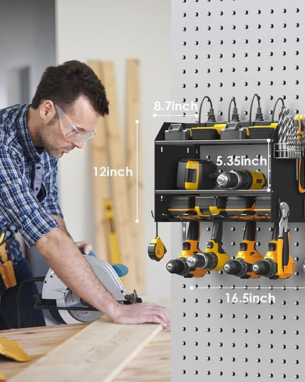 CCCEI Modular Power Tool Organizer Wall Mount with Charging Station. Garage Drill Storage Shelf with Hooks, Heavy Duty Rack, Tool Battery Holder Built in 8 Outlet. Gift for Men. Black, 2 Pack.