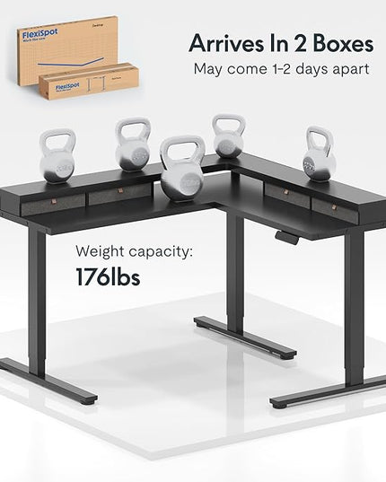 FLEXISPOT 63" L Shaped Standing Desk Electric Corner Table with Monitor Shelf, 4 Storage Drawers, Adjustable Computer Workstation for Home, Office, Game, Studio, Black Top + Black Frame