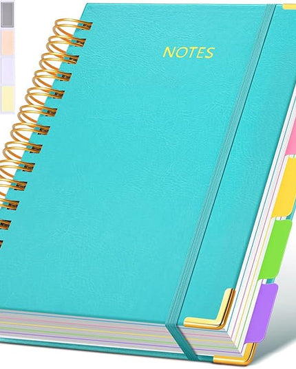 Hardcover Spiral Notebook journal with Removable Dividers Tabs, 300 Pages Leather 5 Subject Notebook College Ruled, 100GMS A5 Notebooks for Work School Note taking,Lined Journal for Women,A5-Blue