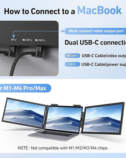 Pornitor Laptop Screen Extender, 14’’ FHD 1080P Triple Portable Monitor for Laptop with Ultra-Slim IPS Display, USB-C Plug and Play Multi Screen Attachment for 14"-16.5" Laptops