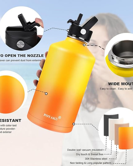 Water Bottle Insulated 32oz 40oz 64oz 128oz Straw Lid Spout Lid & 3 Lids, Leak Proof, Vacuum Insulated,Stainless Steel Water Bottle Wide Mouth for Sports, Gym or Office